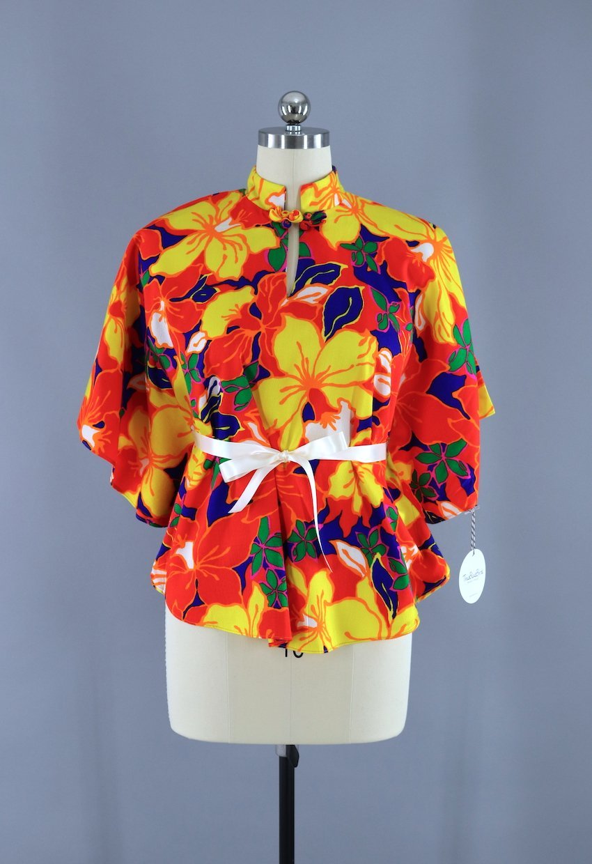 Vintage 1960s Hawaiian Shirt / Orange Neon Foral Print - ThisBlueBird