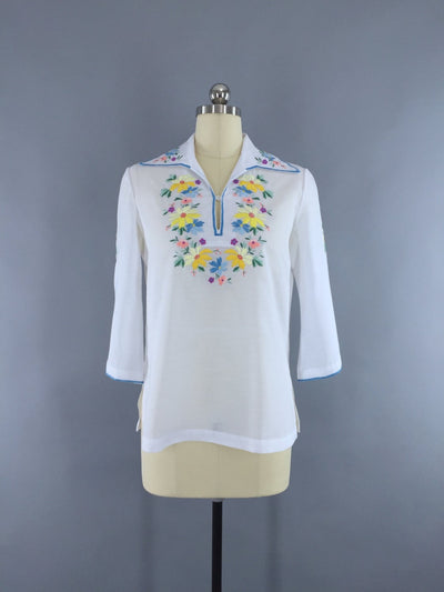 Vintage 1960s Hippie Floral Embroidered Tunic Blouse - ThisBlueBird