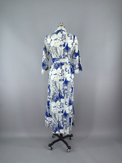 Vintage 1960s Hostess Dress / Blue Orchid Floral Print Caftan Maxi Dress - ThisBlueBird