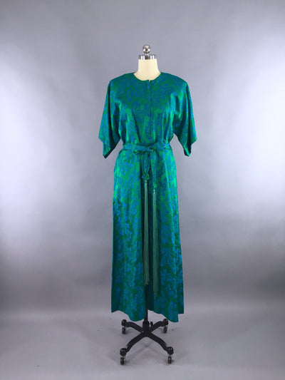Vintage 1960s Hostess Dress / Emerald Green with Fringe Sash / Saks Fifth Ave - ThisBlueBird