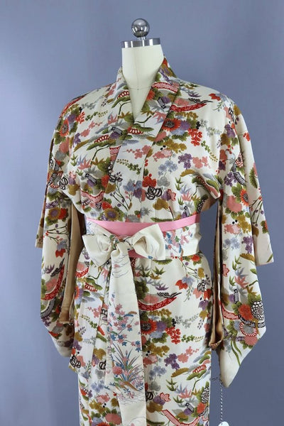 Vintage 1960s Ivory Floral Silk Kimono ThisBlueBird