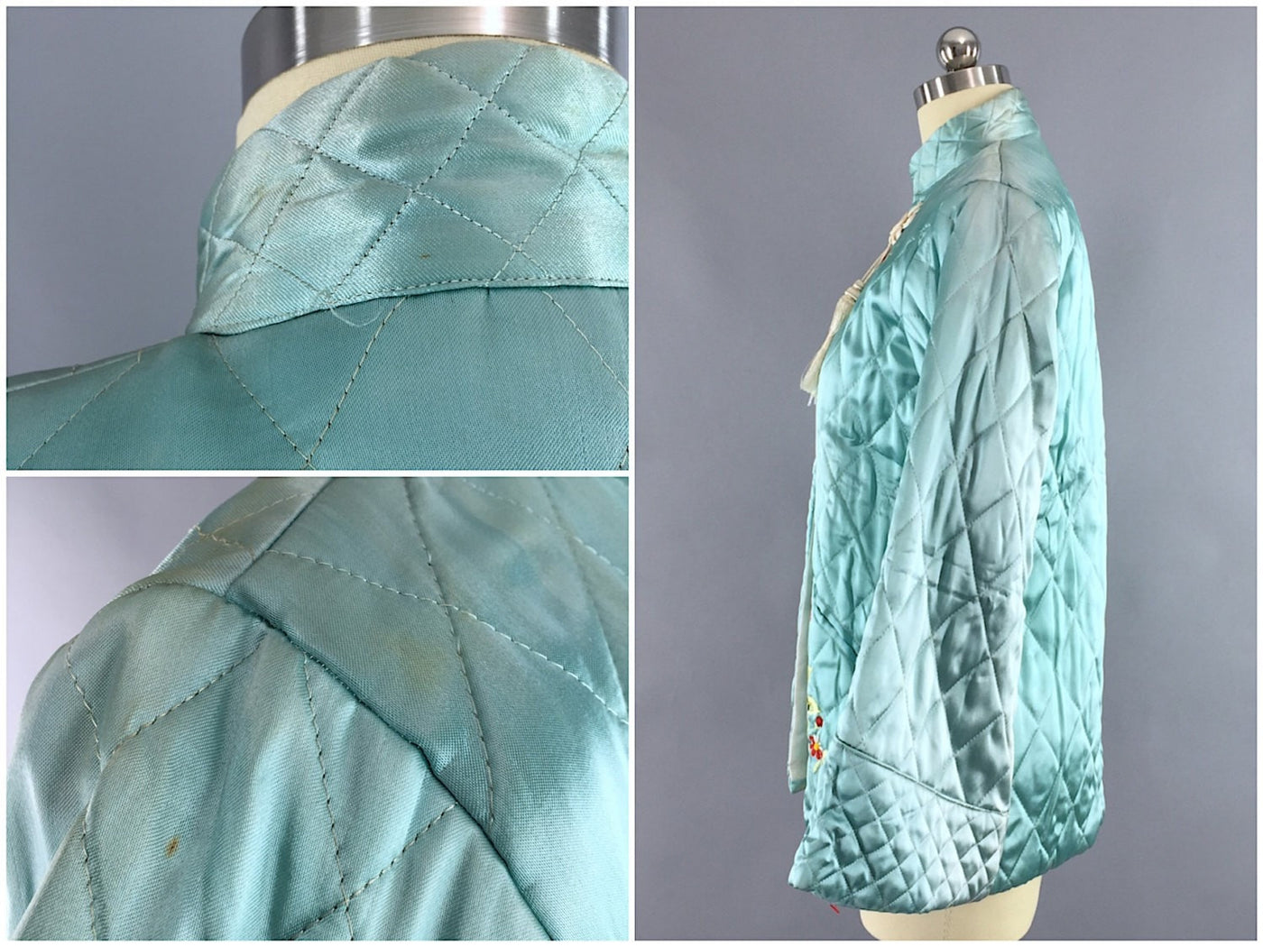 Vintage 1960s Jacket / Blue Satin Quilted Coat - ThisBlueBird