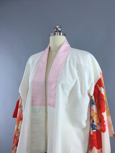 Vintage 1960s Kimono Jacket Haori Cardigan  White Cotton Han-Juban - ThisBlueBird