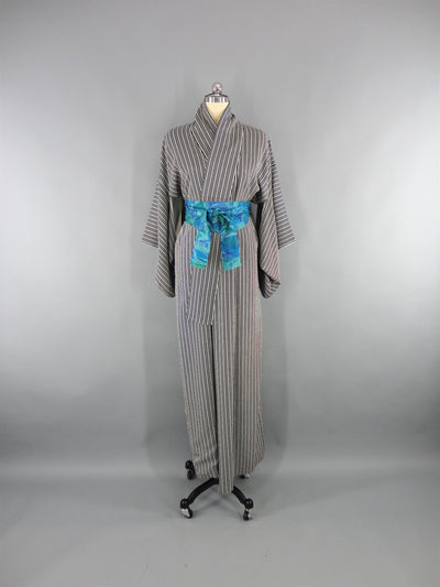 Vintage 1960s Kimono Robe Black and White Pinstripes - ThisBlueBird