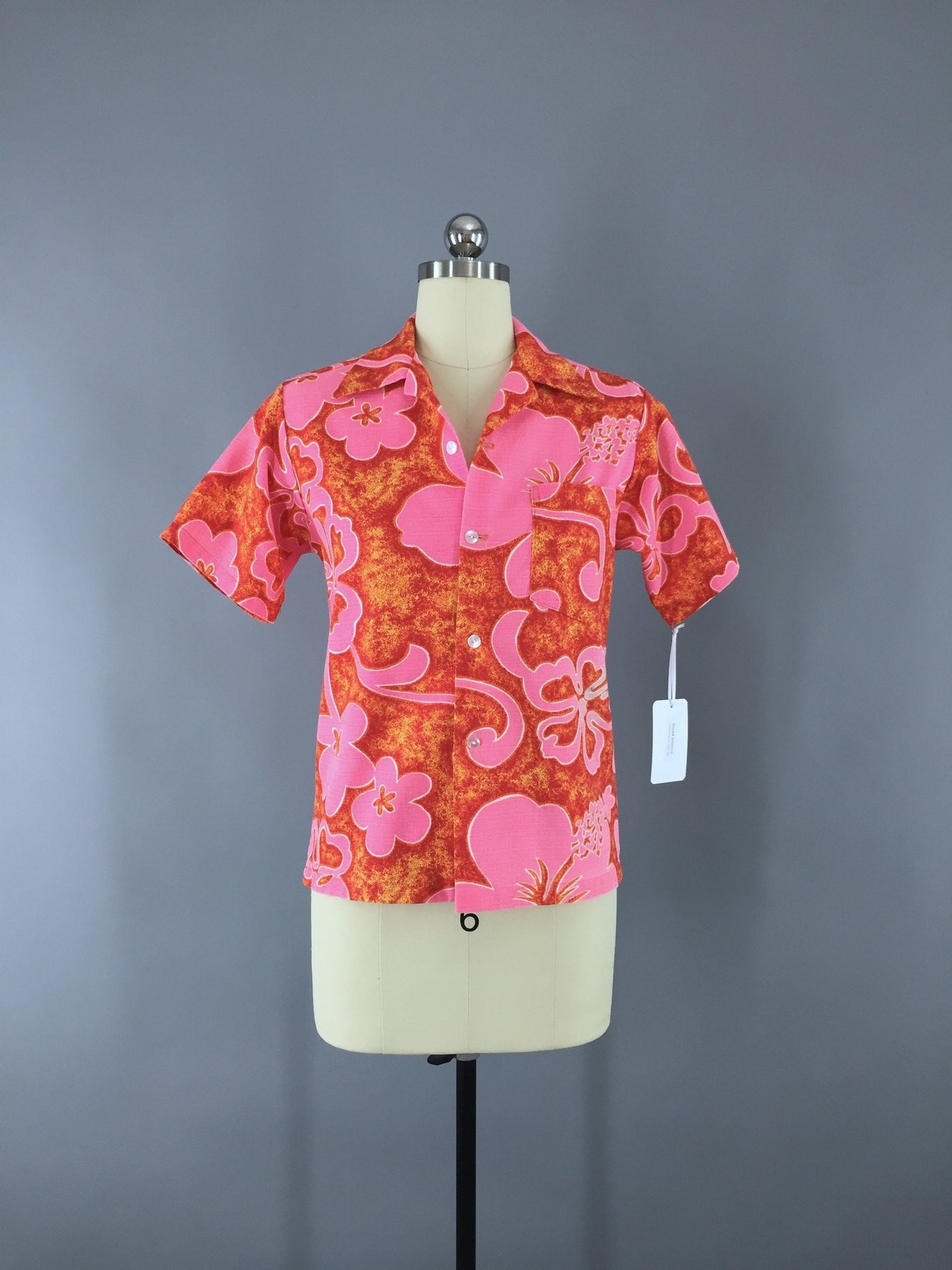 Vintage 1960s Kole Kole Hawaiian Shirt in Pink and Orange Floral Print Batik - ThisBlueBird