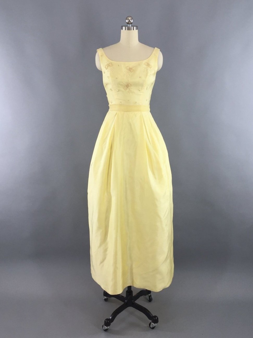Vintage 1960s Lemon Yellow Beaded Gown Maxi Dress - ThisBlueBird