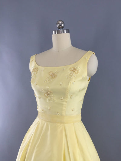 Vintage 1960s Lemon Yellow Beaded Gown Maxi Dress - ThisBlueBird