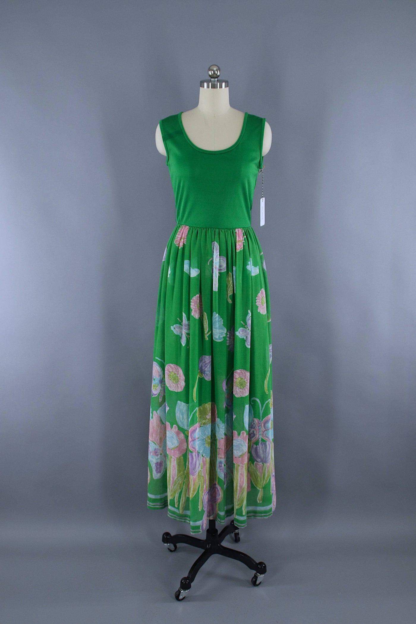 Vintage 1960s Maxi Dress / Bright Green Floral Print Dress - ThisBlueBird