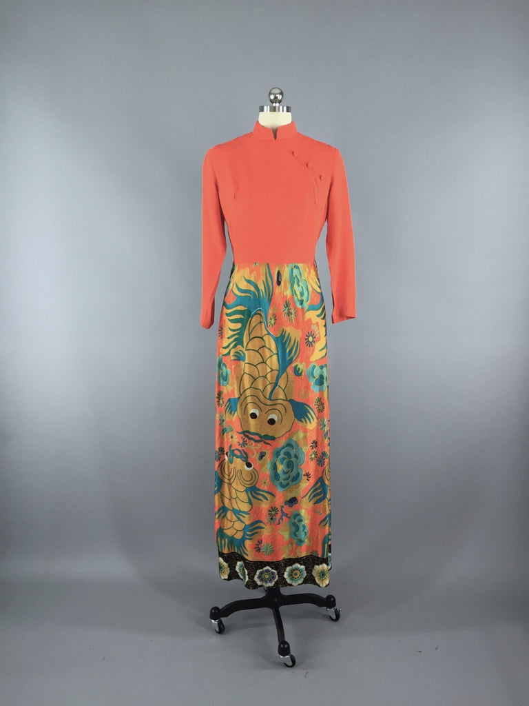 knee length dresses for ladies Vintage 1960s Maxi Dress / Novelty Print Koi Fish – ThisBlueBird