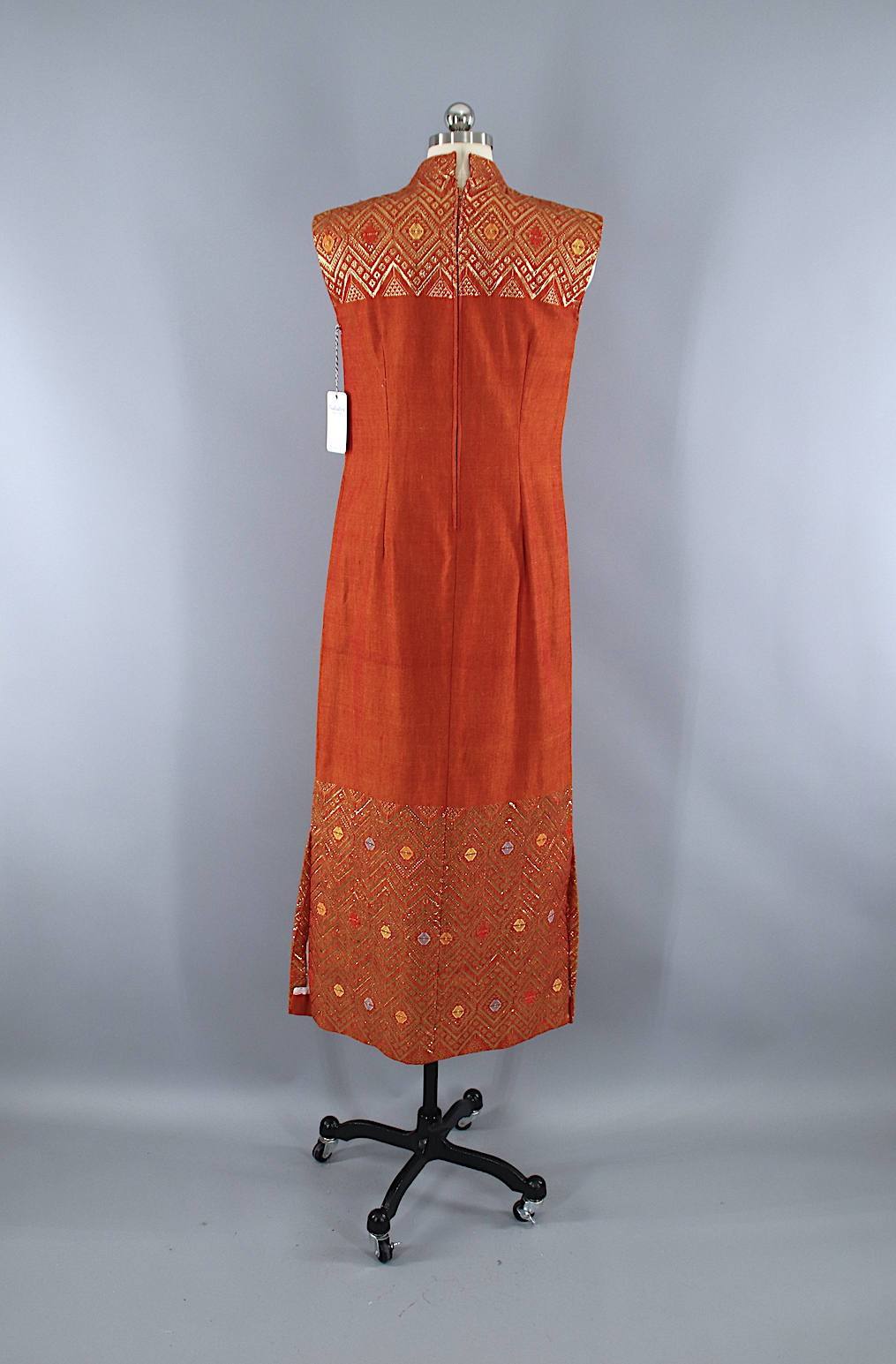 Vintage 1960s Maxi Hostess Dress / Rust Orange Brocade - ThisBlueBird
