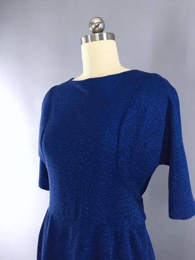 Vintage 1960s Metallic Blue Lurex Knit Dress - ThisBlueBird