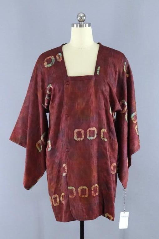 Vintage 1960s Michiyuki Kimono Jacket / Purpleish Brown Shibori Abstract - ThisBlueBird