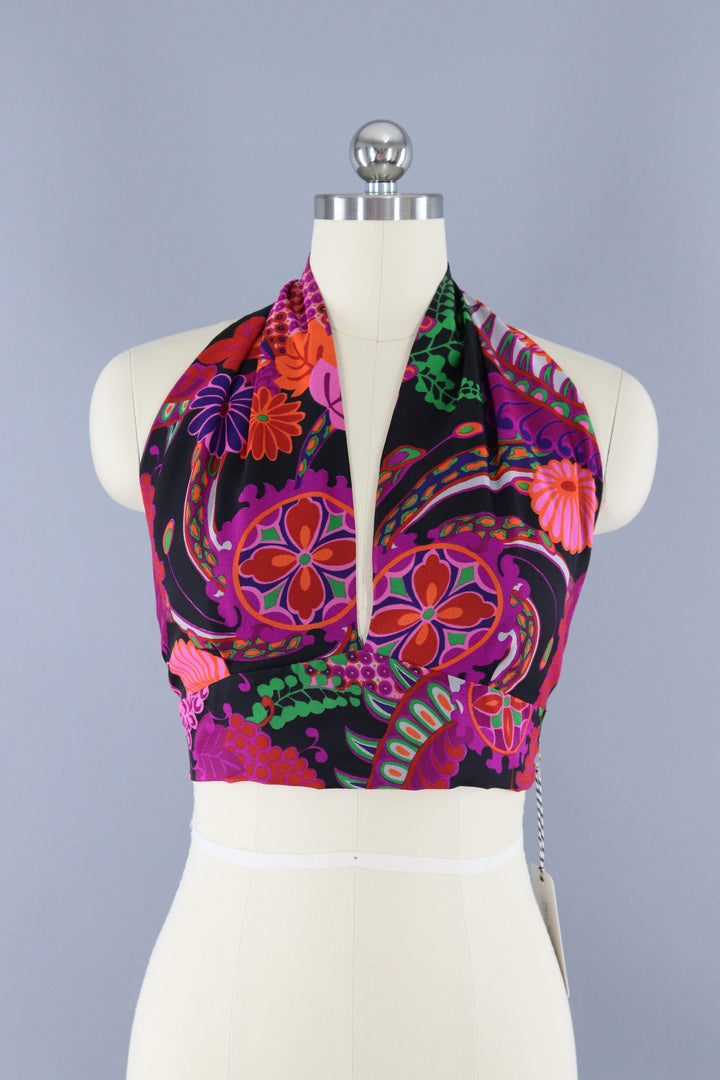 Vintage 1960s Mod Black Floral Print Halter Top / Sirette Sport - ThisBlueBird