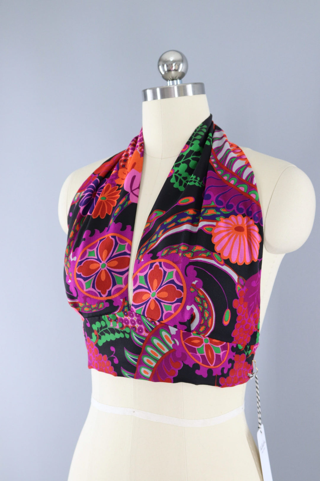 Vintage 1960s Mod Black Floral Print Halter Top / Sirette Sport - ThisBlueBird