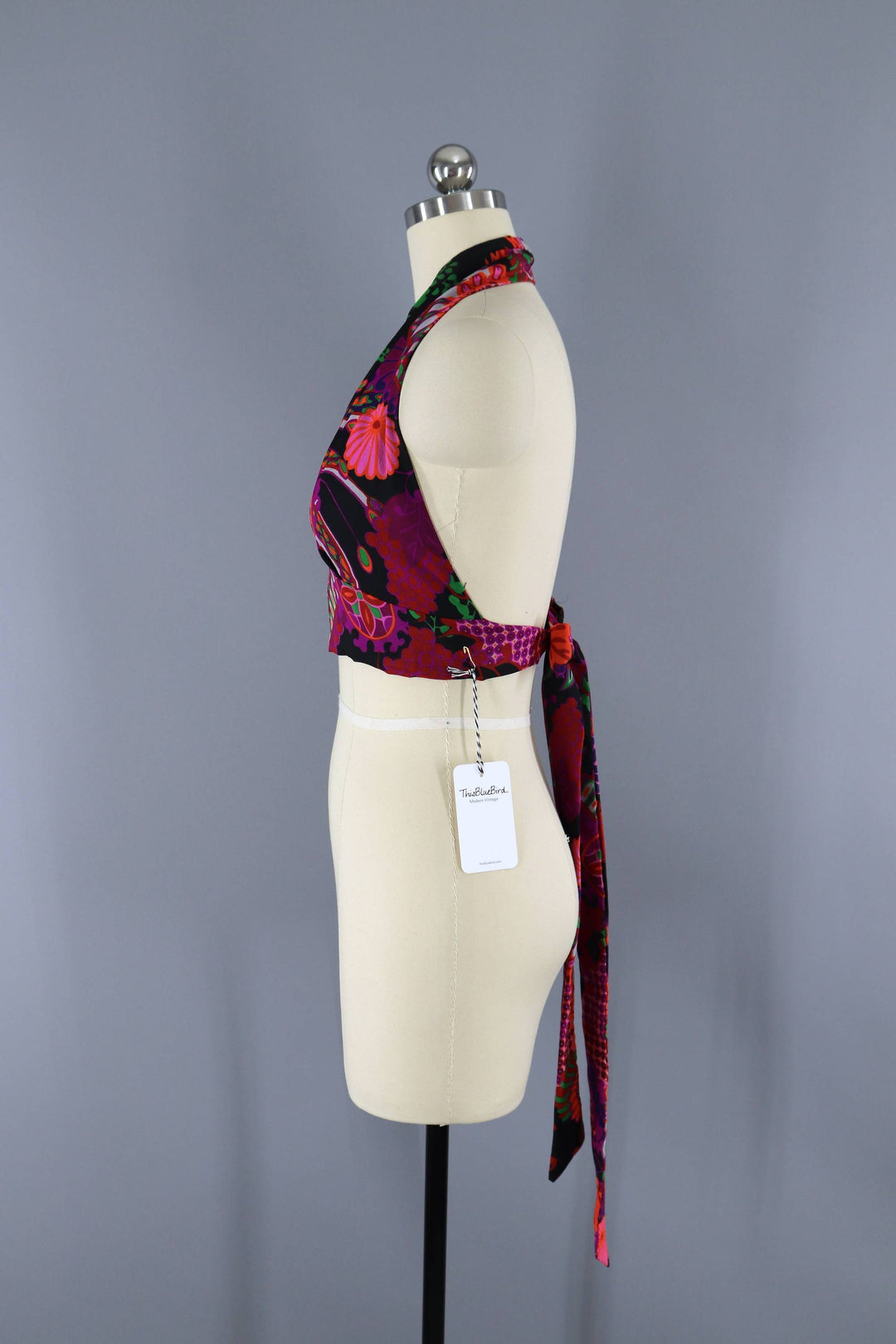 Vintage 1960s Mod Black Floral Print Halter Top / Sirette Sport - ThisBlueBird