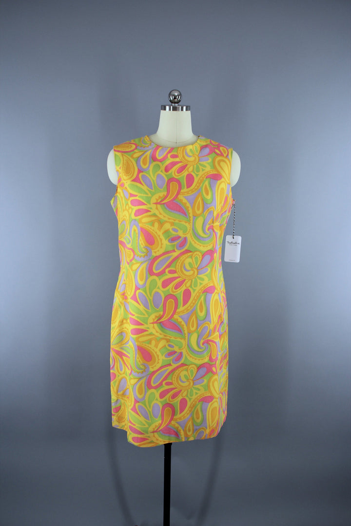 Vintage 1960s  Mod Yellow Paisley Print Shift Dress - ThisBlueBird