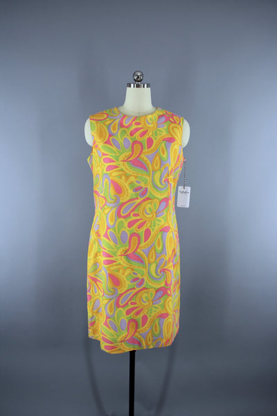 Vintage 1960s  Mod Yellow Paisley Print Shift Dress - ThisBlueBird