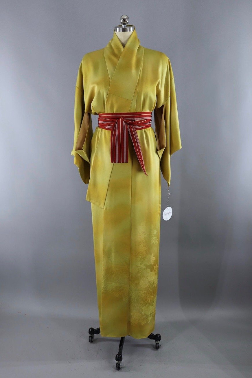 Vintage 1960s Mustard Yellow Green Silk Kimono Robe - ThisBlueBird