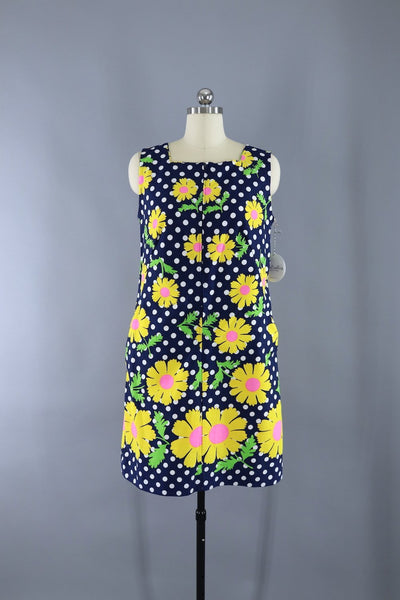 Vintage 1960s Navy Blue Polka Dots Mod Floral Print Shift Dress - ThisBlueBird