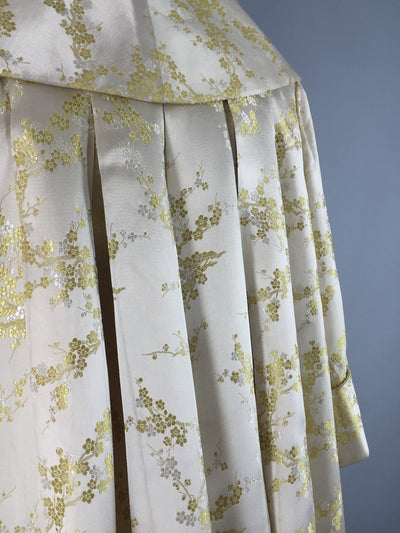 Vintage 1960s Opera Coat / White Silver Silk Satin Brocade / Cherry Blossoms - ThisBlueBird