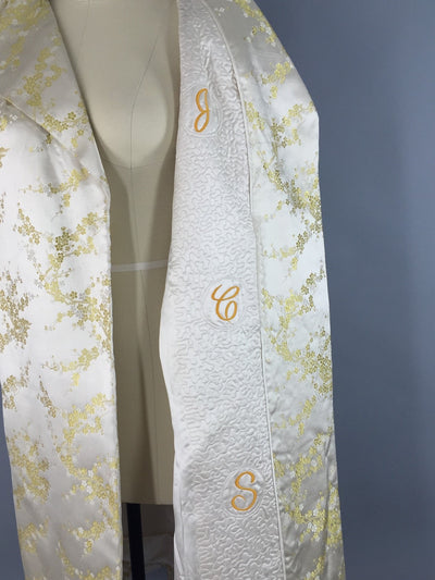 Vintage 1960s Opera Coat / White Silver Silk Satin Brocade / Cherry Blossoms - ThisBlueBird