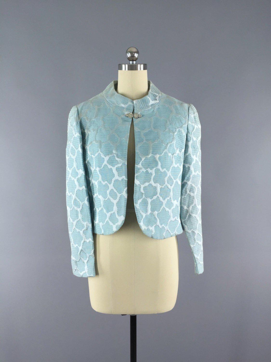 Vintage 1960s Pastel Blue Brocade Cropped Jacket - ThisBlueBird