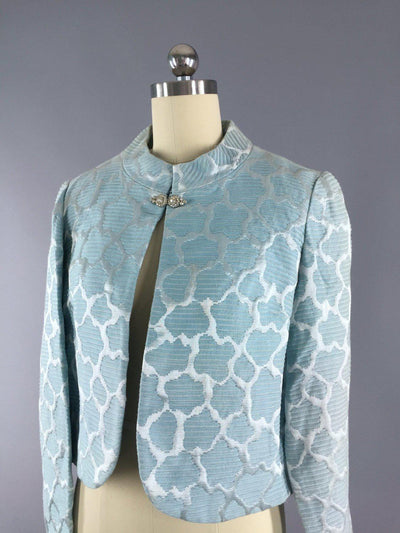 Vintage 1960s Pastel Blue Brocade Cropped Jacket - ThisBlueBird