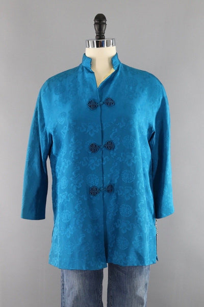Vintage 1960s Peacock Blue Asian Style Silk Jacket - ThisBlueBird