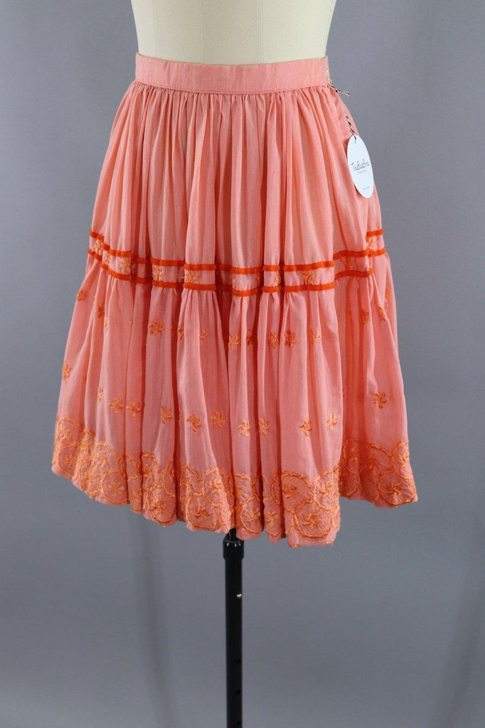 Vintage 1960s Pink and Orange Embroidered Full Skirt - ThisBlueBird