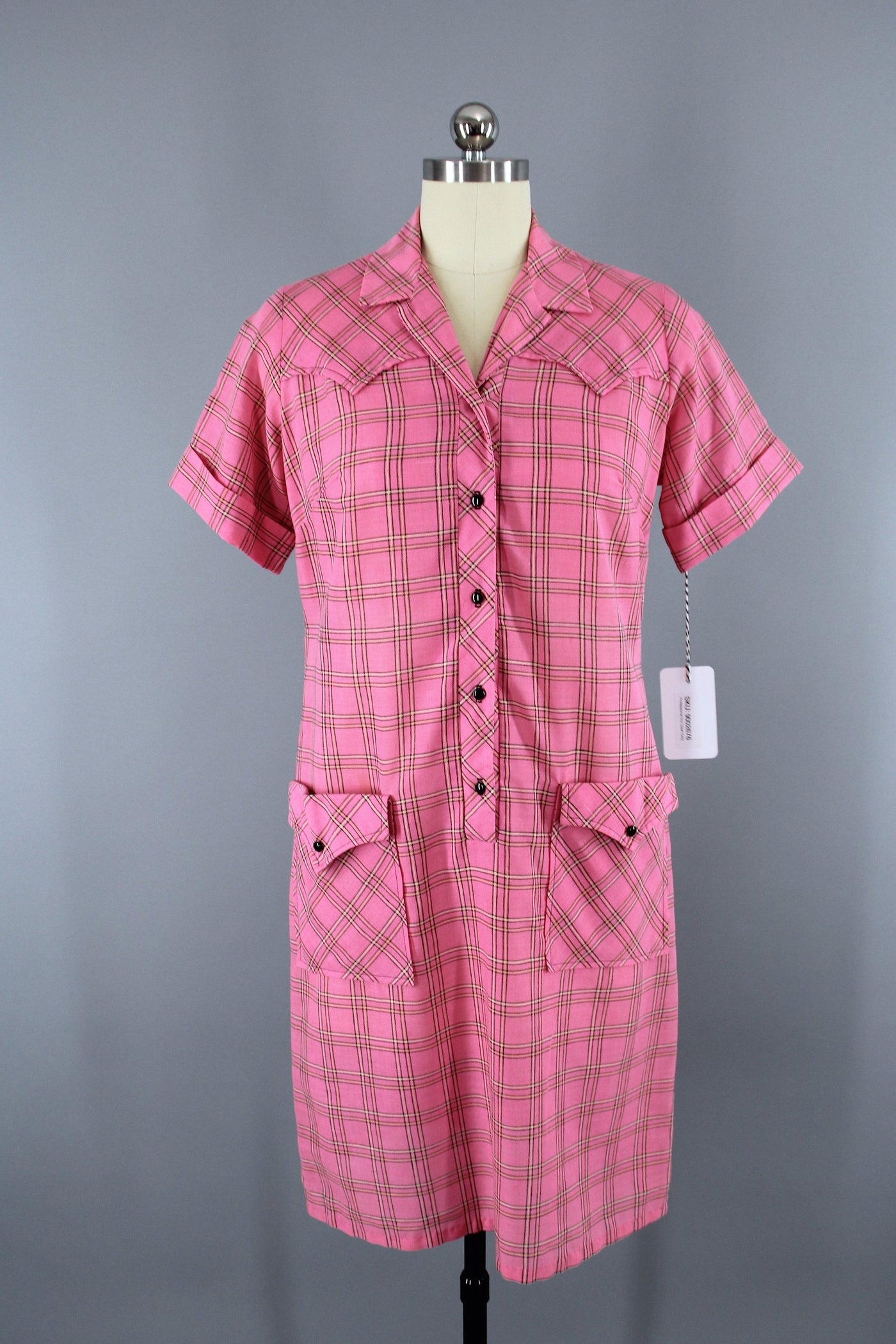 Vintage 1960s Pink Plaid Western Style Day Dress - ThisBlueBird