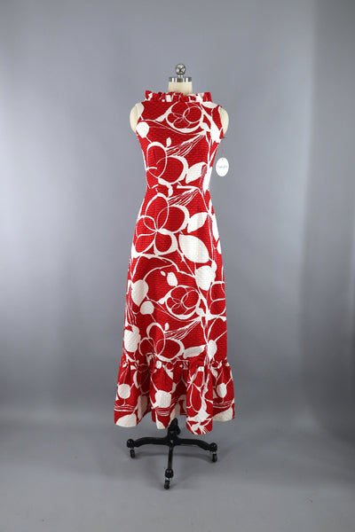 Vintage 1960s Red Floral Print Quilted Hawaiian Maxi Dress - ThisBlueBird