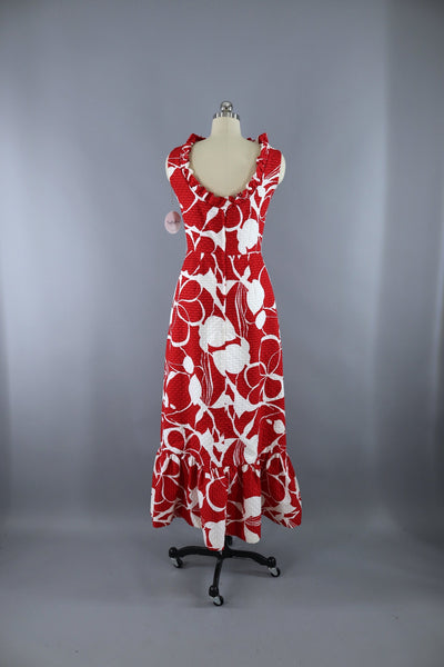 Vintage 1960s Red Floral Print Quilted Hawaiian Maxi Dress - ThisBlueBird