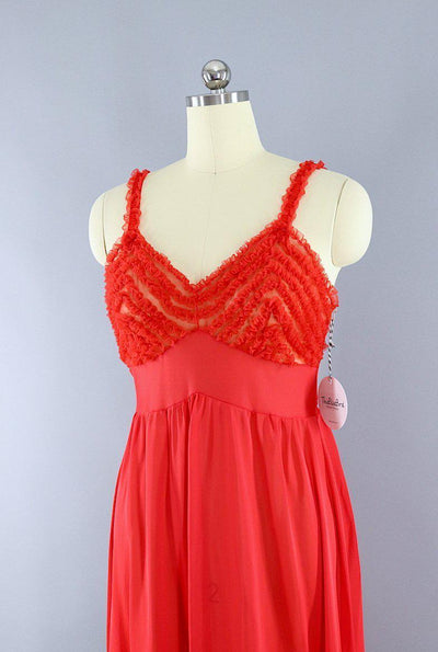Vintage 1960s Red Ruffle Full Slip Nightgown - ThisBlueBird