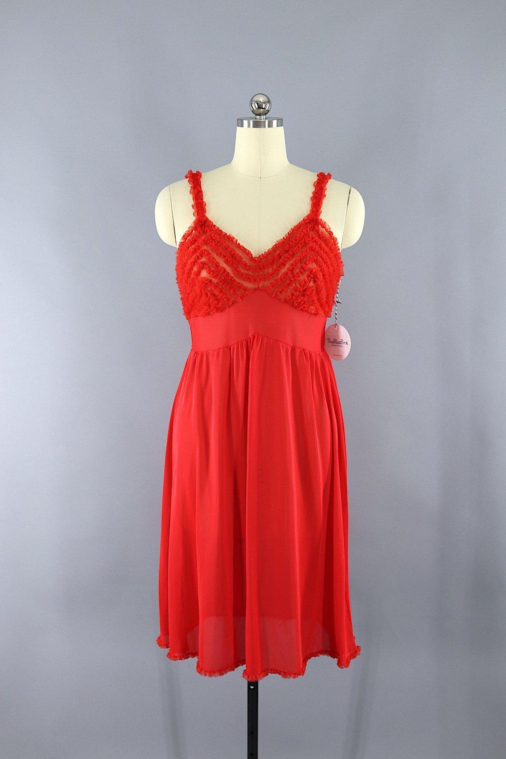 Vintage 1960s Red Ruffle Full Slip Nightgown - ThisBlueBird