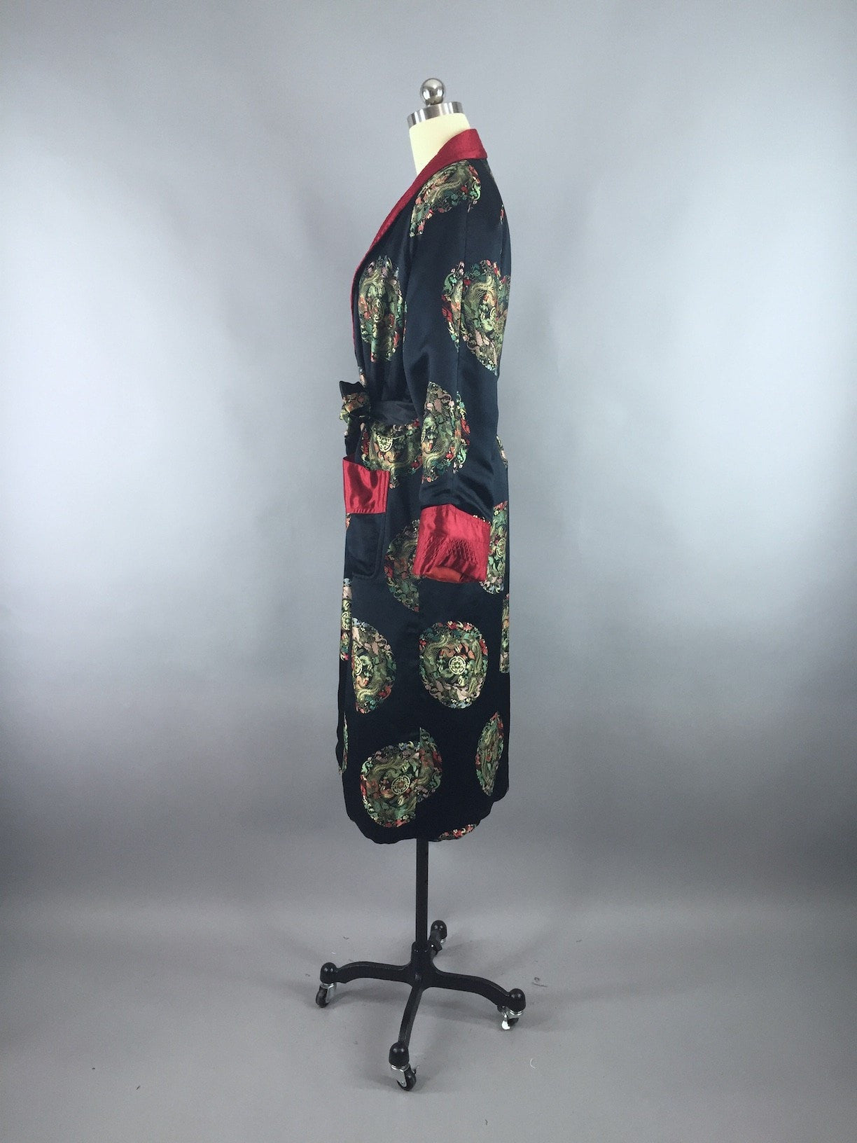 Vintage 1960s Robe / Black Satin Smoking Jacket - ThisBlueBird