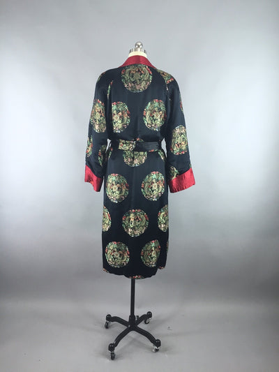 Vintage 1960s Robe / Black Satin Smoking Jacket - ThisBlueBird