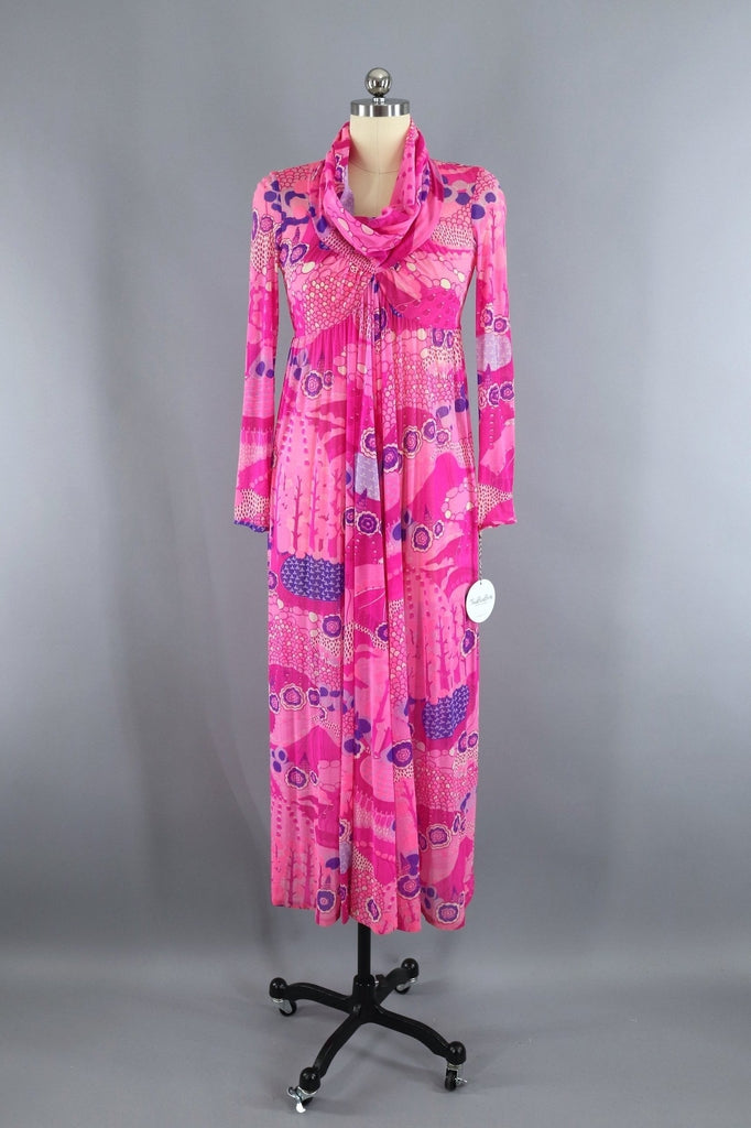 Vintage 1970s Robert David Morton Maxi Dress / Bright Pink Novelty Print - ThisBlueBird