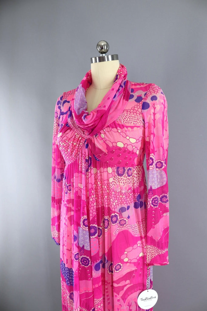 Vintage 1970s Robert David Morton Maxi Dress / Bright Pink Novelty Print - ThisBlueBird