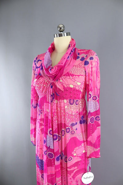 Vintage 1970s Robert David Morton Maxi Dress / Bright Pink Novelty Print - ThisBlueBird