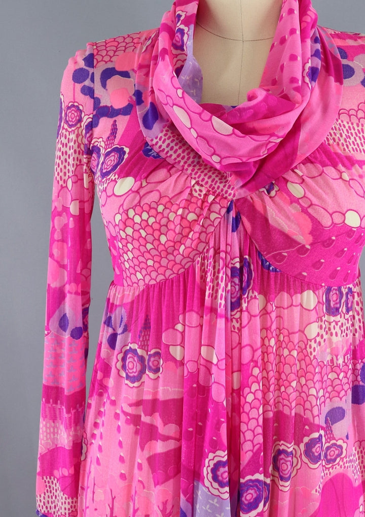 Vintage 1970s Robert David Morton Maxi Dress / Bright Pink Novelty Print - ThisBlueBird