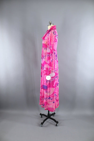 Vintage 1970s Robert David Morton Maxi Dress / Bright Pink Novelty Print - ThisBlueBird