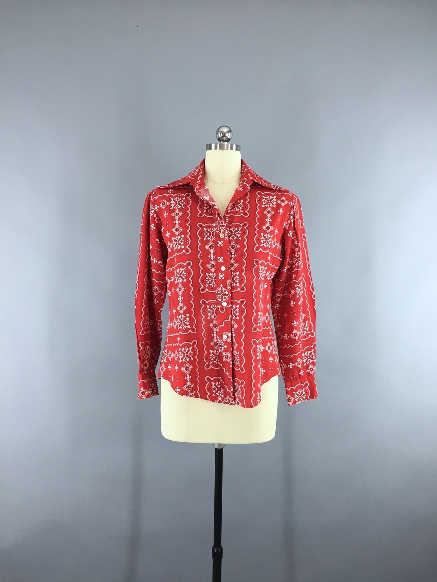 Vintage 1960s Rockabilly Shirt in Red Handkerchief Print - ThisBlueBird