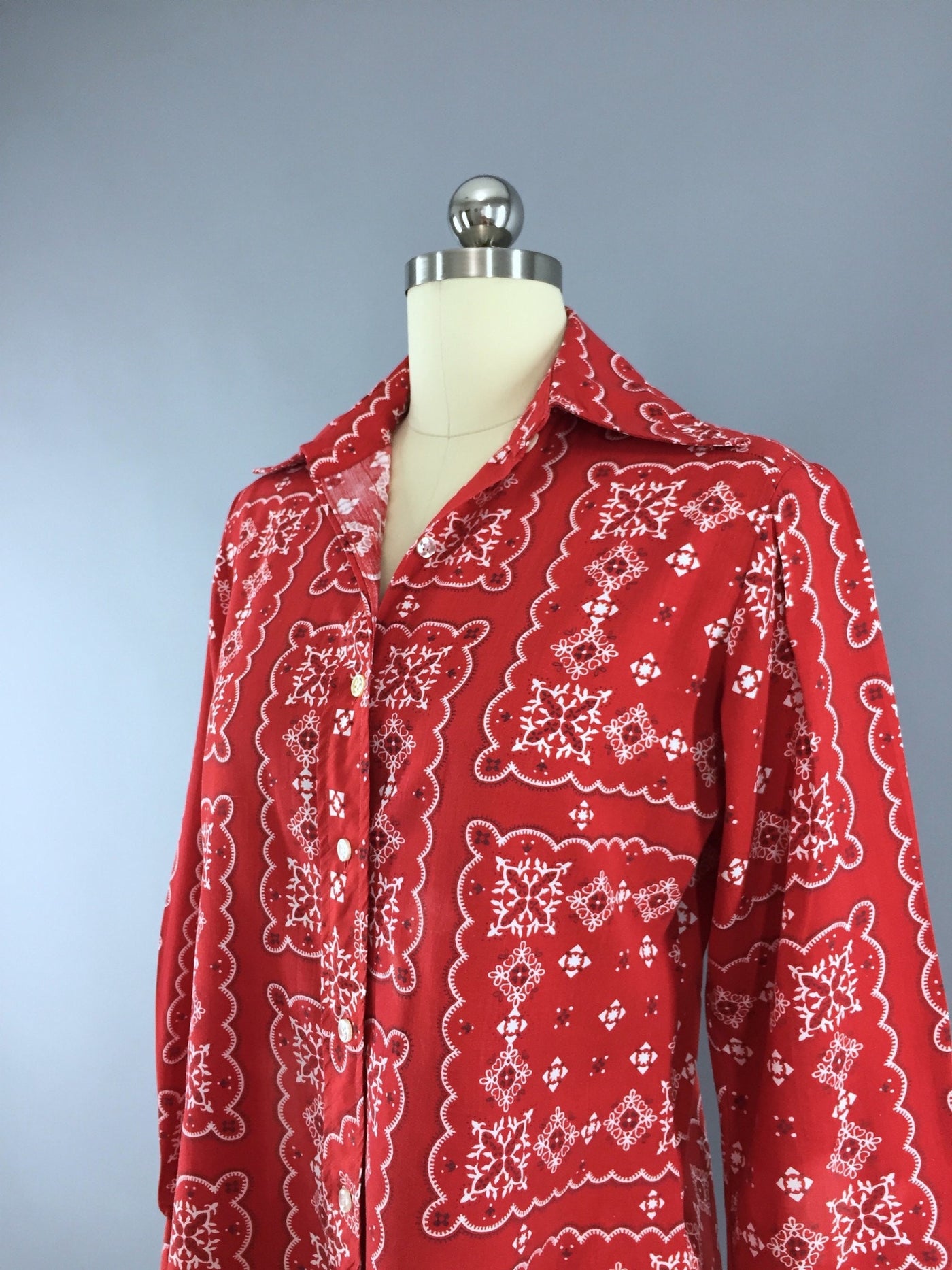 Vintage 1960s Rockabilly Shirt in Red Handkerchief Print - ThisBlueBird