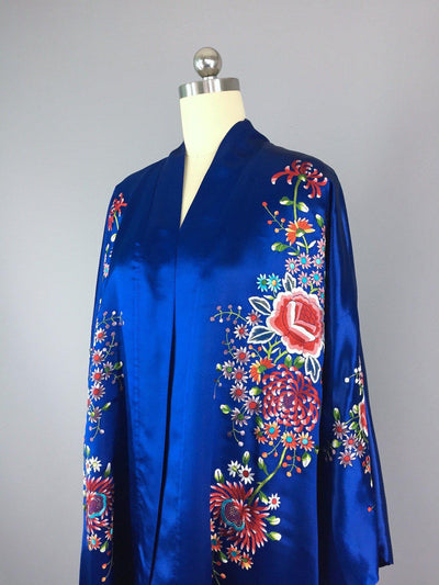Vintage 1960s Royal Blue Silk Robe with Floral Embroidery - ThisBlueBird