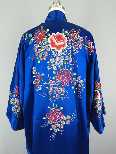 Vintage 1960s Royal Blue Silk Robe with Floral Embroidery - ThisBlueBird
