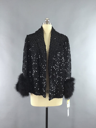 Vintage 1960s Sequined Jacket with Marabou Feather Trim - ThisBlueBird