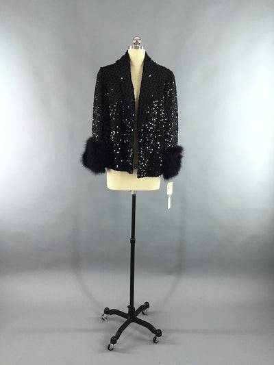 Vintage 1960s Sequined Jacket with Marabou Feather Trim - ThisBlueBird