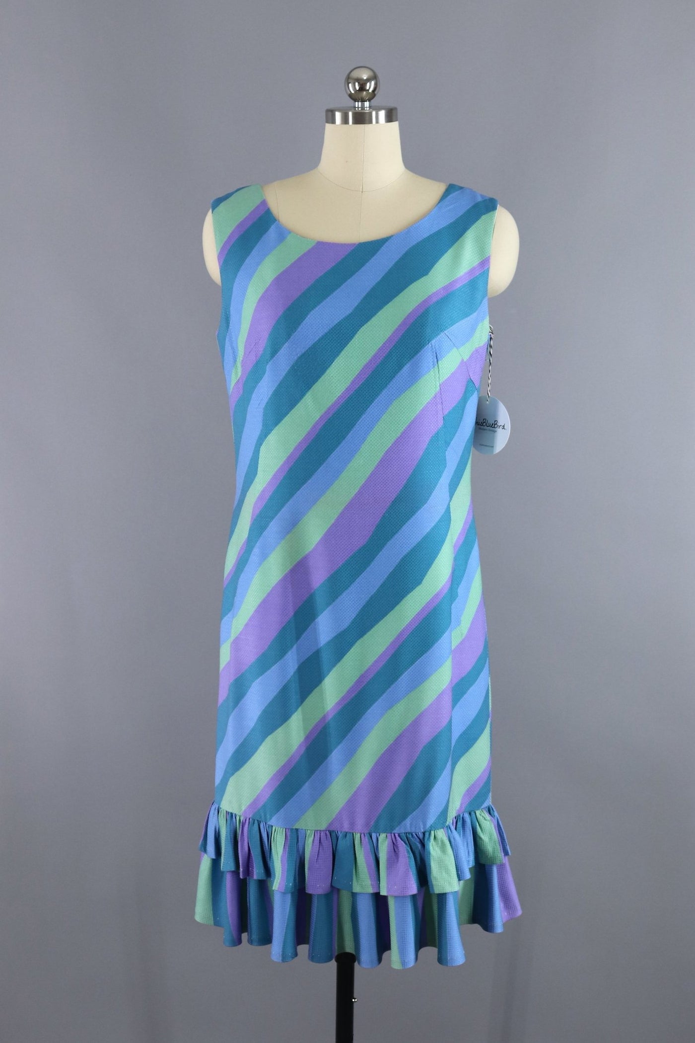 Vintage 1960s Shift Dress / Blue & Purple Striped Day Dress - ThisBlueBird
