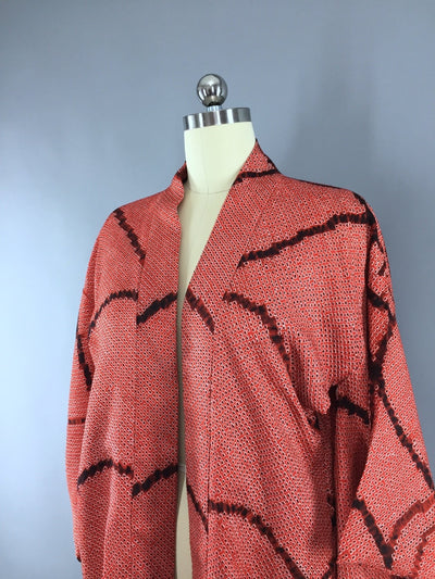 Vintage 1960s Silk Haori Kimono Cardigan / Red & Black Shibori - ThisBlueBird