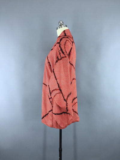Vintage 1960s Silk Haori Kimono Cardigan / Red & Black Shibori - ThisBlueBird